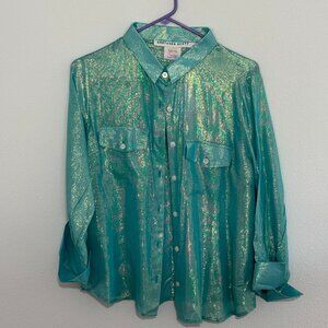 Gretchen Scott metallic Glinda Flap blouse in Turquoise. Size L